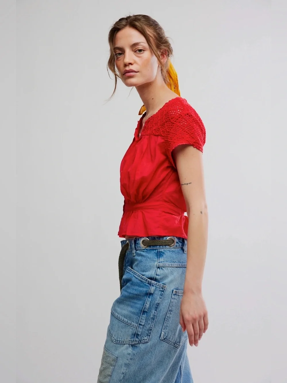 🆕 FREE PEOPLE High Risk Gemma Embroidered Top Red  Peplum Top NWT SZ LG
